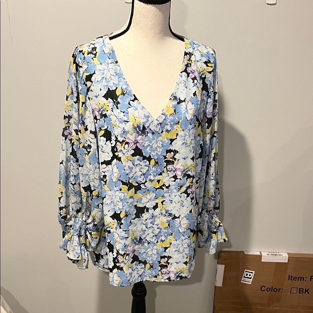Floral V-Neck Blouse - Blue and Yellow